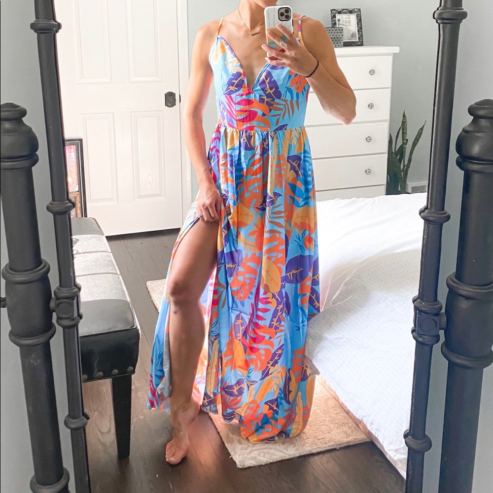 Palm Leaf Print High Slit Maxi Dress